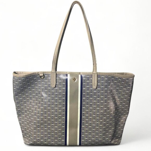 Tory Burch Tote Bag Gemini Link LARGE Coated Canvas/Leather Tan/Grey/Blue (EUC) - Picture 1 of 4